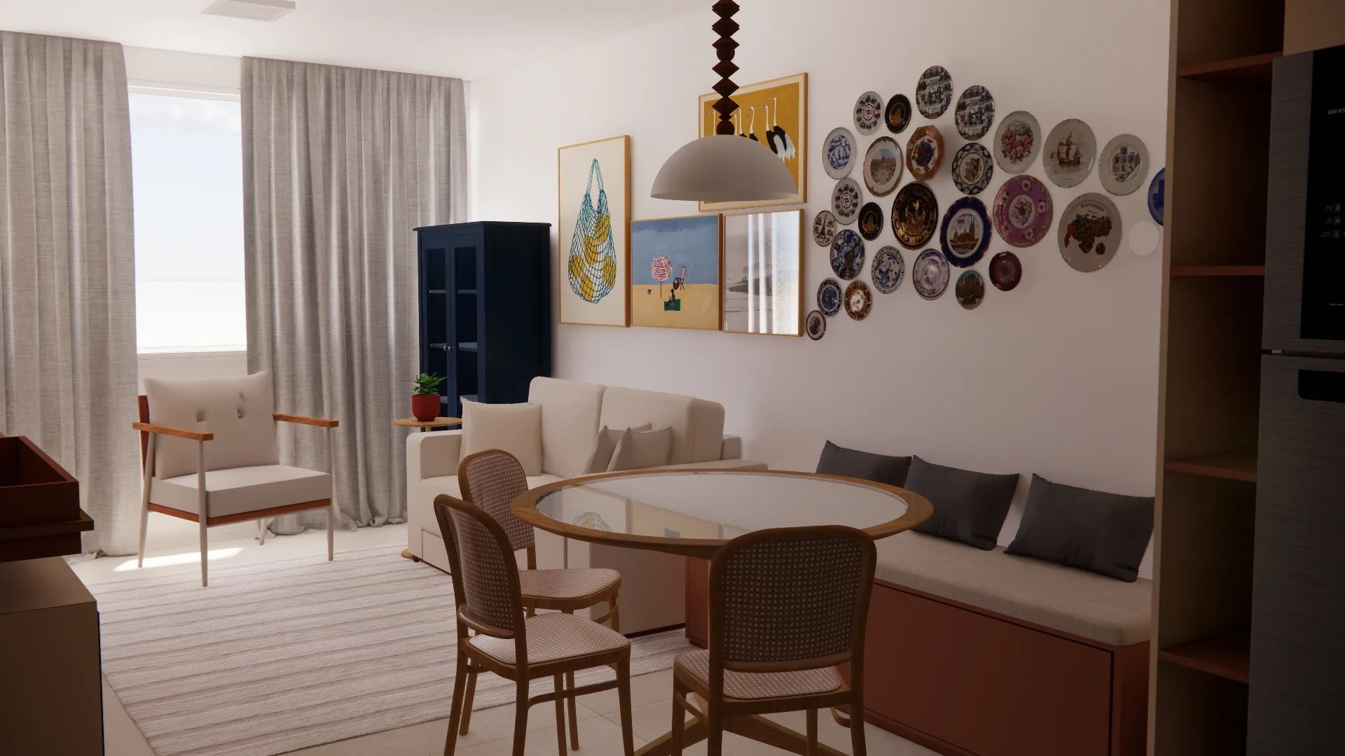 Sala de estar e jantar com painel de pratos decorativos e marcenaria em terracota