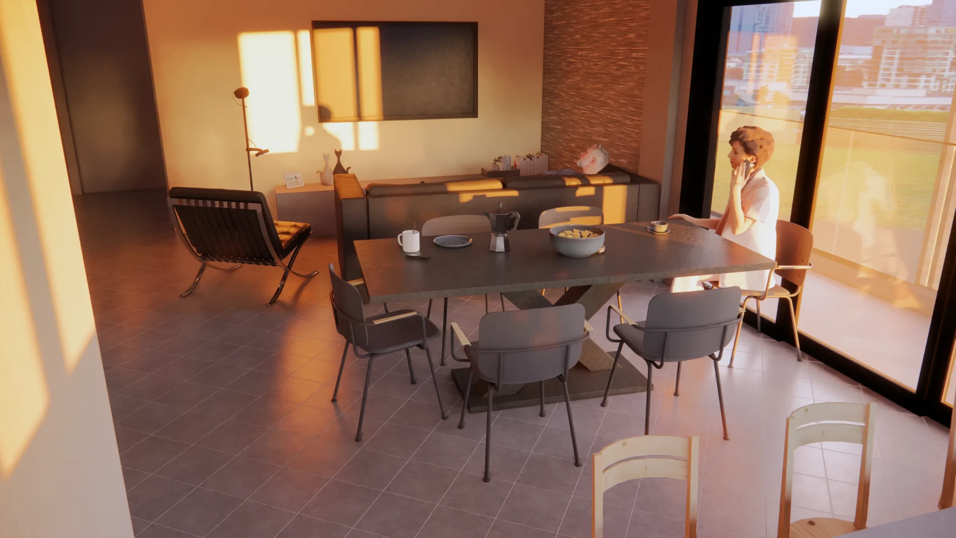 Sala de jantar de um dos apartamentos, com vista para a cidade