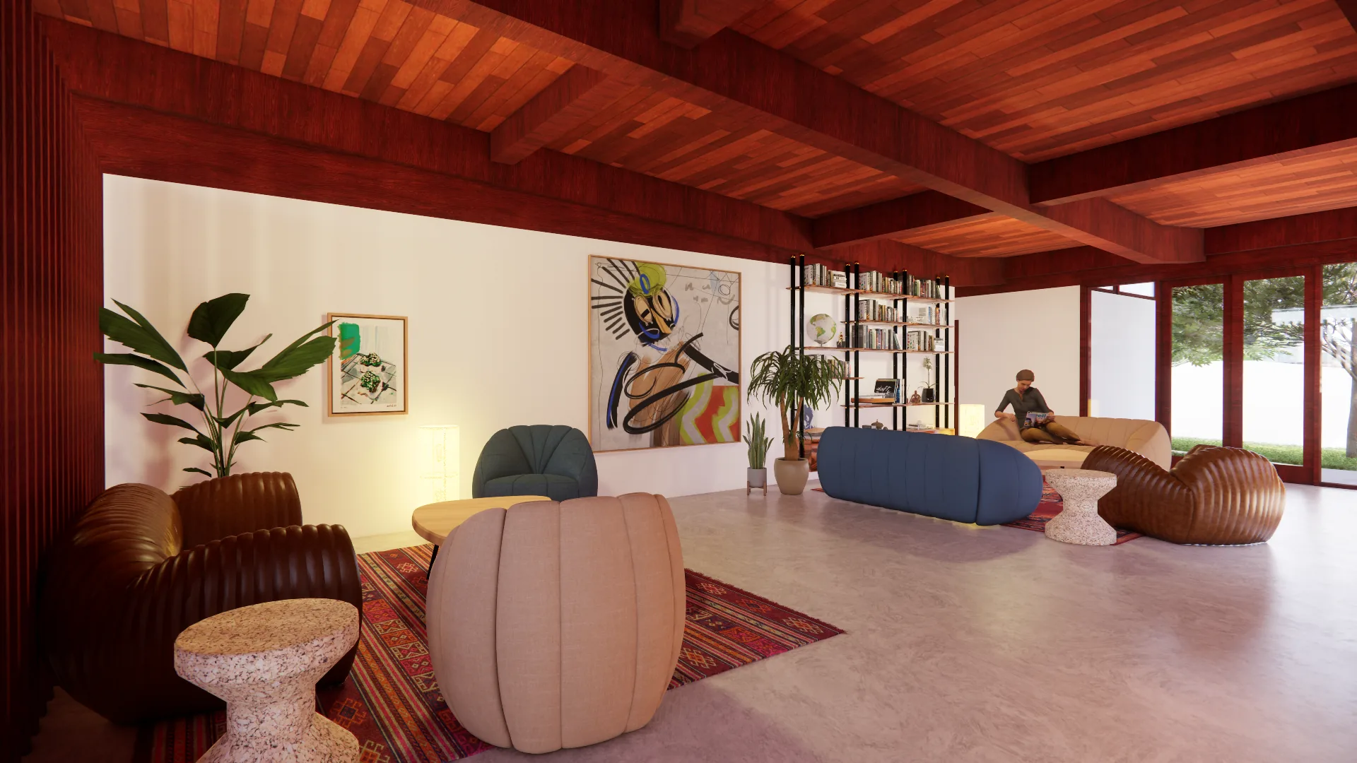 Sala de estar com poltronas orgânicas, tapete e vista para o jardim