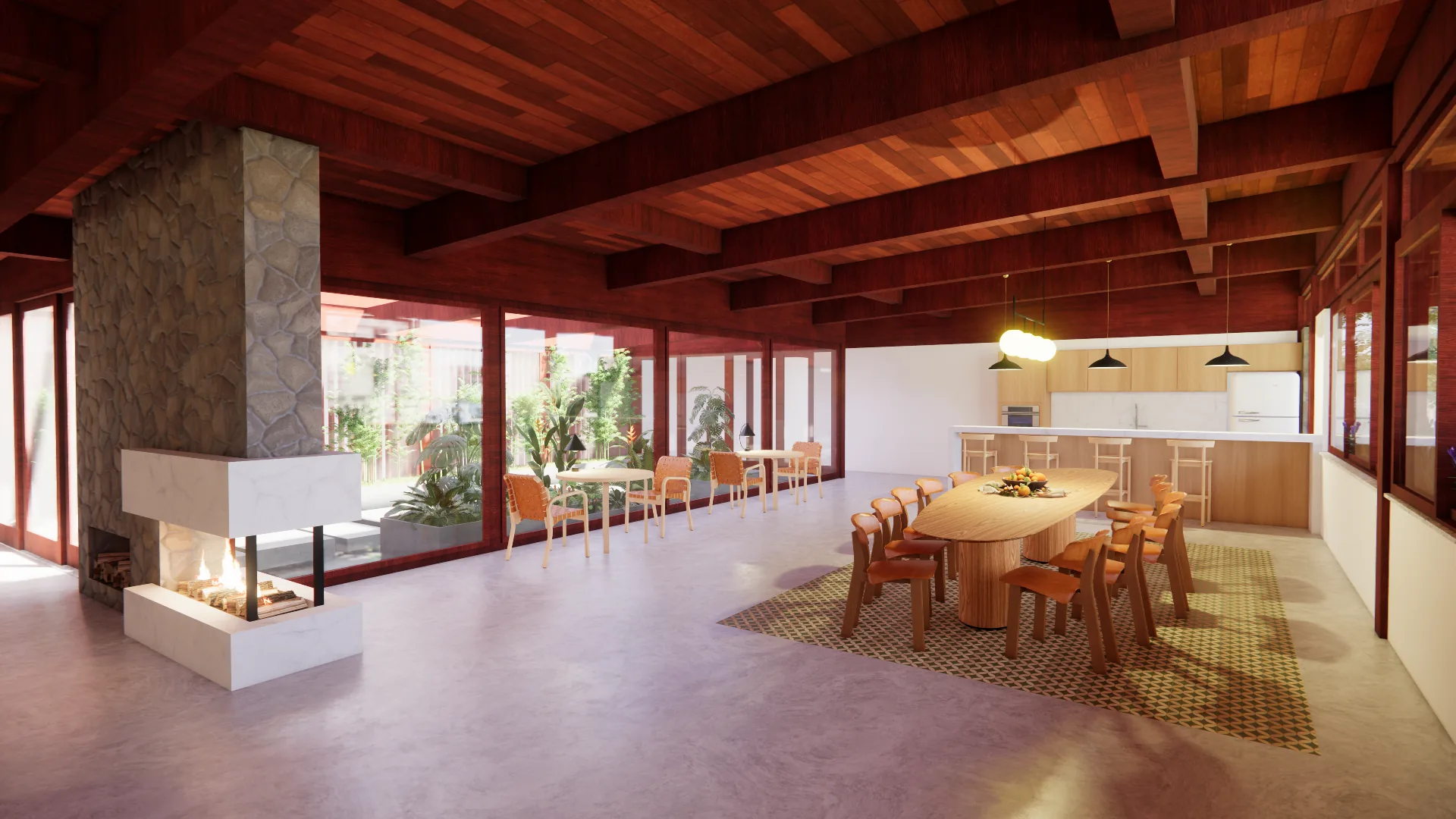 Cozinha e mesa comunitária sob estrutura de madeira, com lareira de pedra ao centro