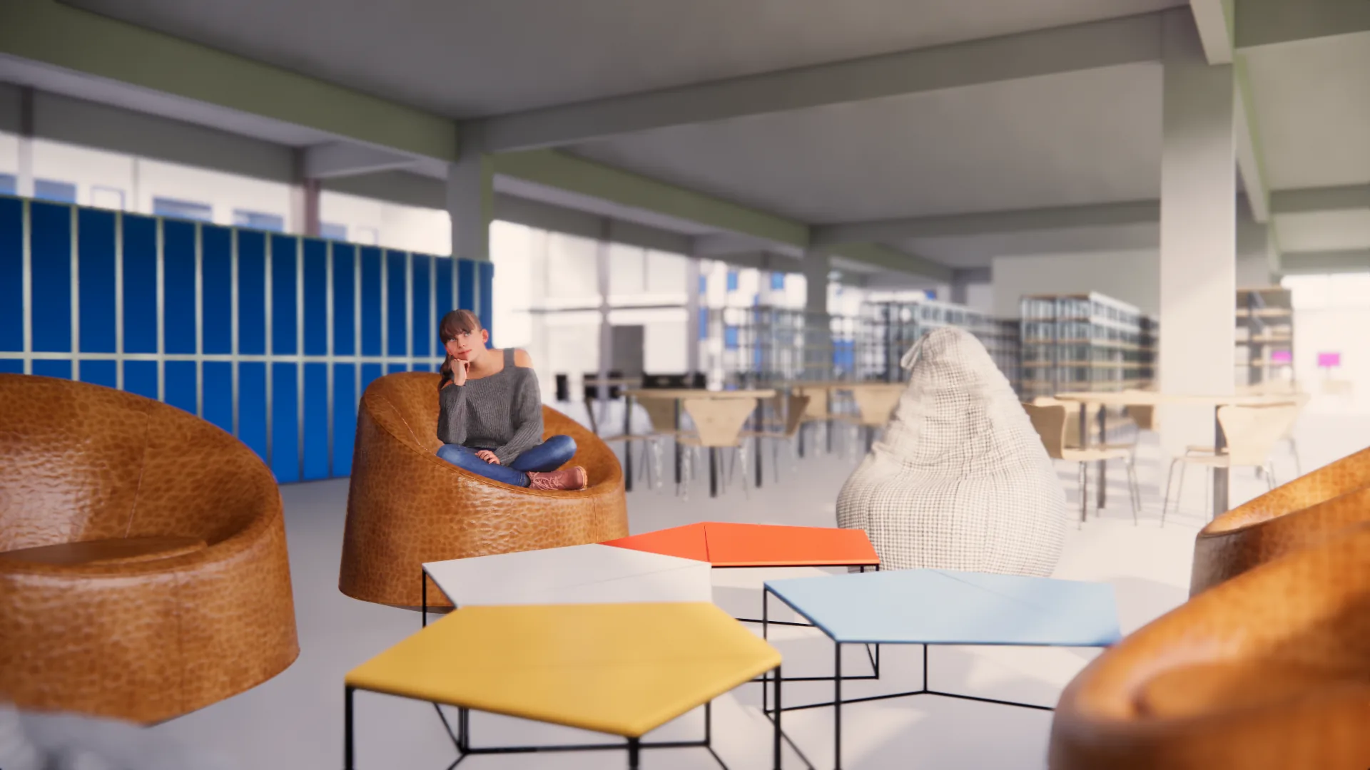 Área de estudo com poltronas, mesas hexagonais e estantes