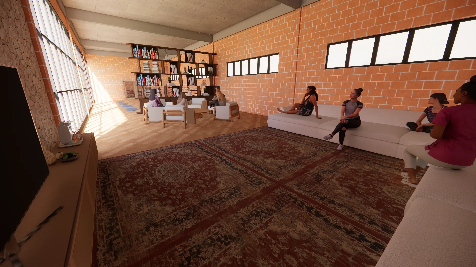 Sala de leitura com estante, tapetes e banco corrido junto às janelas