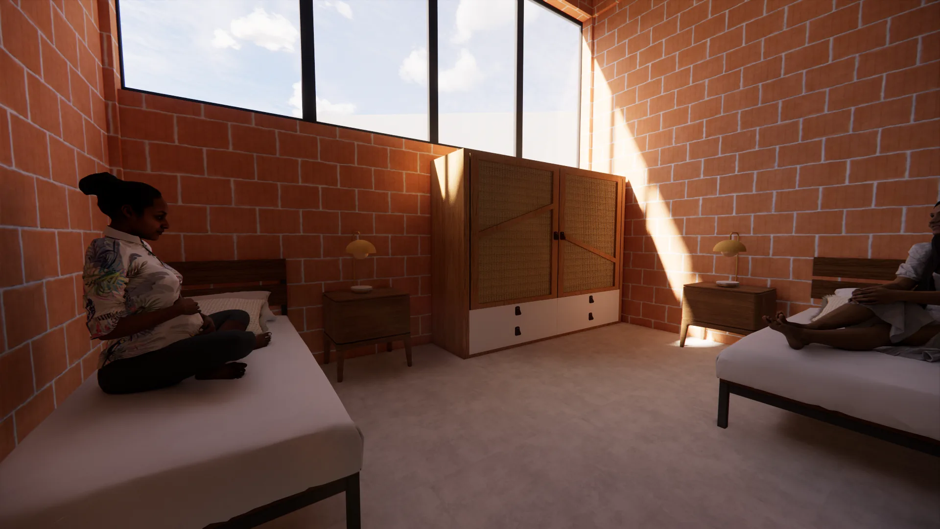 Quarto com duas camas, iluminação natural e mobiliário em madeira